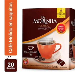 Café molido en saquitos Sin TACC La Morenita, 100 g / 3,52 oz (Caja de 20 saquitos)